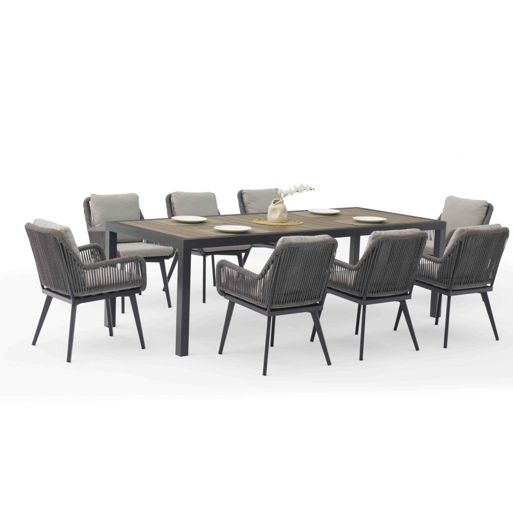Aluminum frame set with Polywood table – sturdy, sleek for outdoor enjoyment.