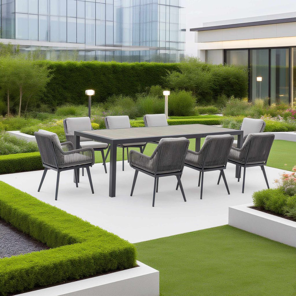 Aluminum frame set with Polywood table – sturdy, sleek for outdoor enjoyment.
