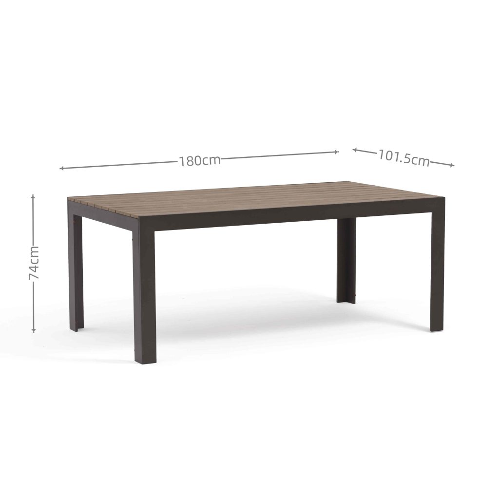 Patio-ready dining set: Aluminum frame, Polywood top – durable, modern flair.