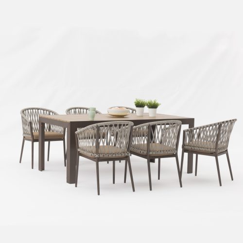 Patio-ready dining set: Aluminum frame, Polywood top – durable, modern flair.