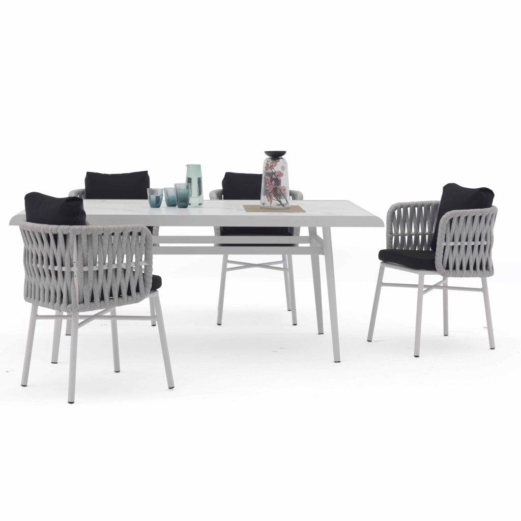 Aluminum dining set – smooth frame, low-maintenance, modern vibe for your patio.