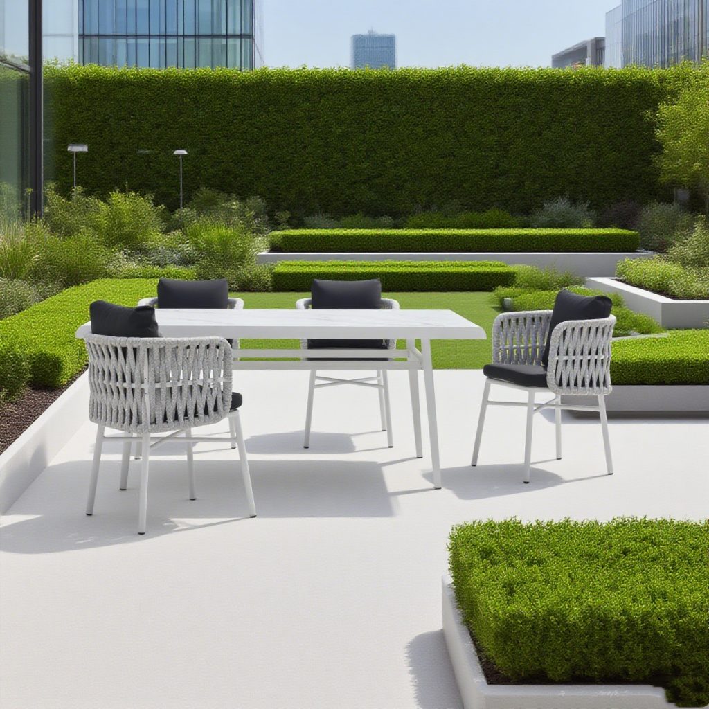 Aluminum dining set – smooth frame, low-maintenance, modern vibe for your patio.