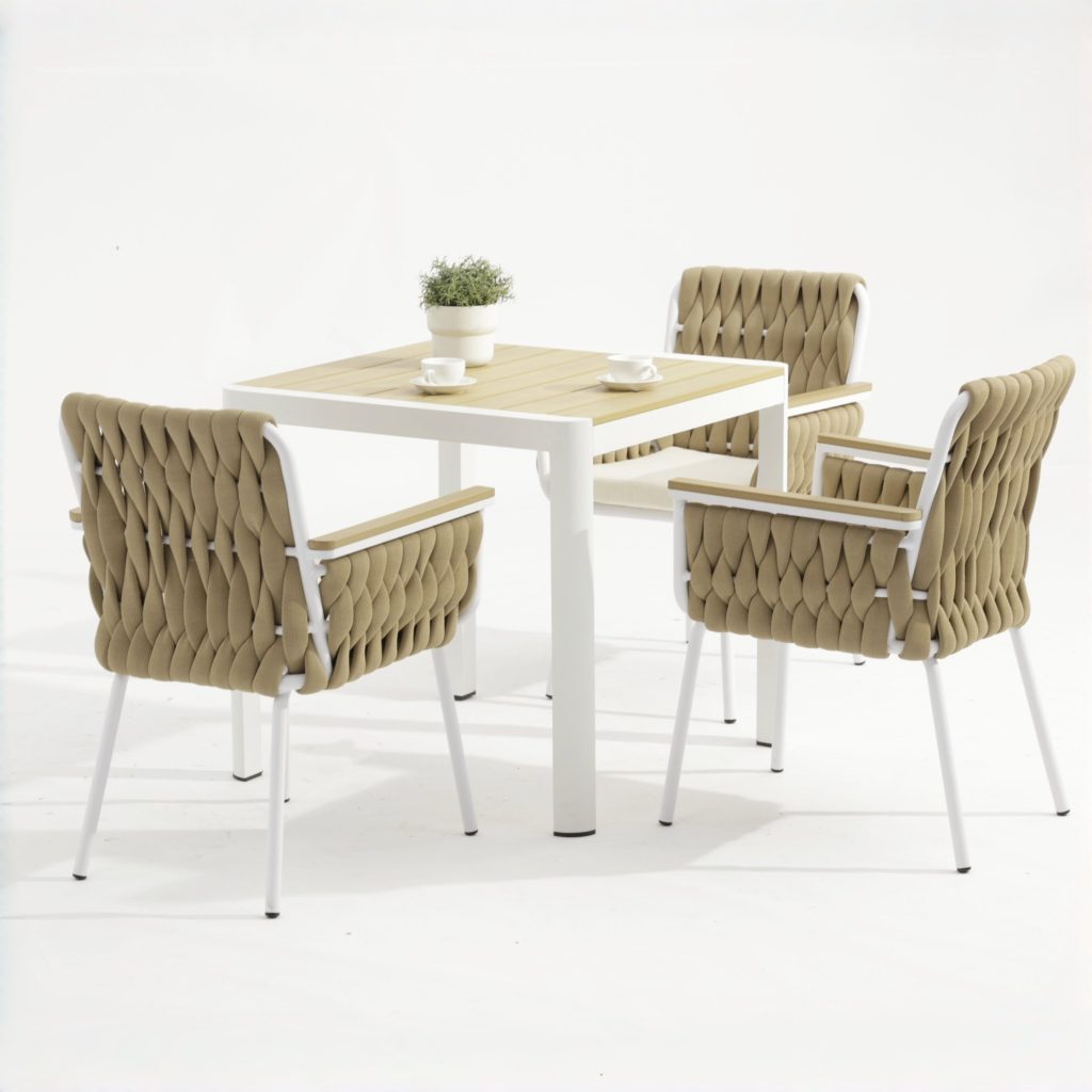 Aluminum-frame dining set – no rust, perfect for coastal areas (stands up to salt air!).TC123&YT318