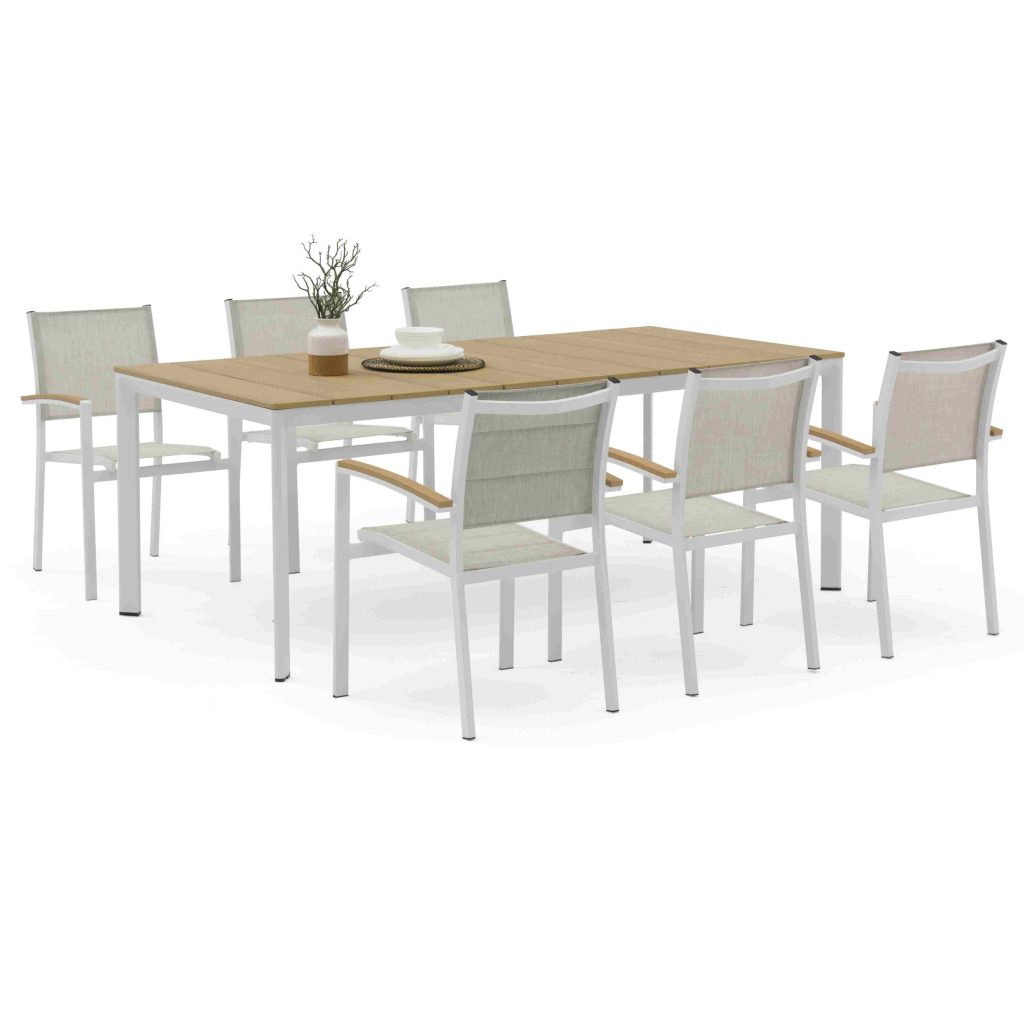 Aluminum-frame dining set – no rust, perfect for coastal areas (stands up to salt air!).TC088B&YB202C